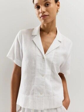 Quince Linen White Short Sleeve Button Up Top, S